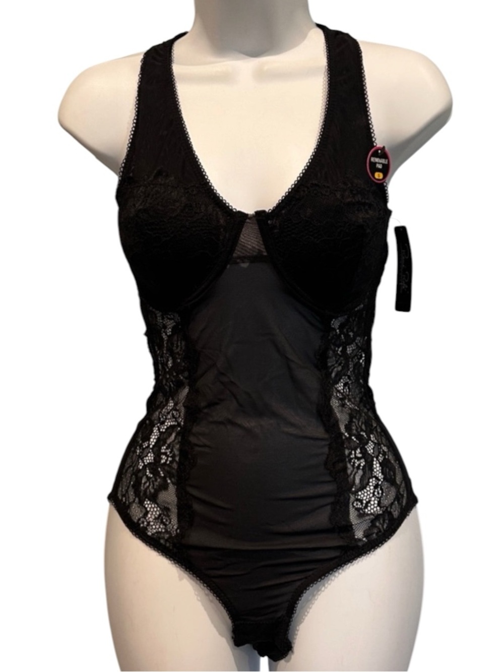 Rene Rofe Black Lace Sheer Bodysuit Lingerie Small New with Tags FLAWED
